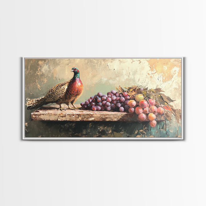 Pheasant And Purple Grapes Framed Canvas Print, Rustic Country Kitchen Wall Art, Winery Decor, Farmhouse Dining Room Still Life