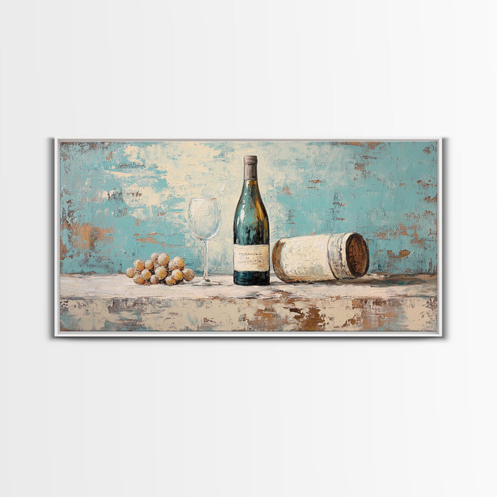 Wine Bottle With Glass And Grapes Canvas Print, Winery Kitchen Wall Art, Rustic Bar Cart Decor, Vineyard Housewarming Gift