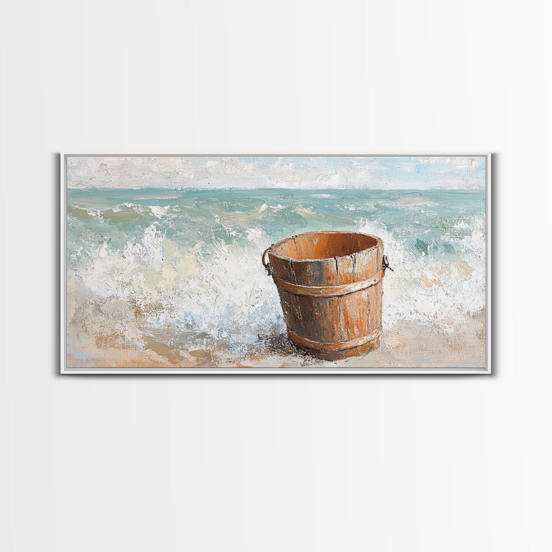 Wooden Bucket By Ocean Waves Framed Canvas Print, Coastal Beach Wall Art, Nautical Bathroom Decor, Beach House Gift For Living Room