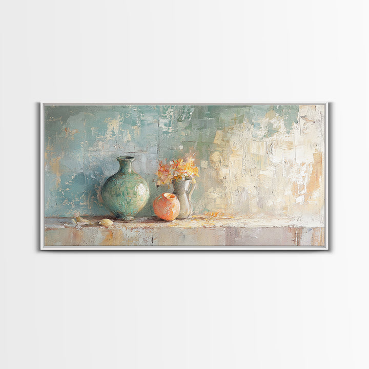 Textured Vases With Tiny Orange Flowers Canvas Print, Neutral Wall Art, Modern Farmhouse Decor, Still Life Painting, Gift For Her
