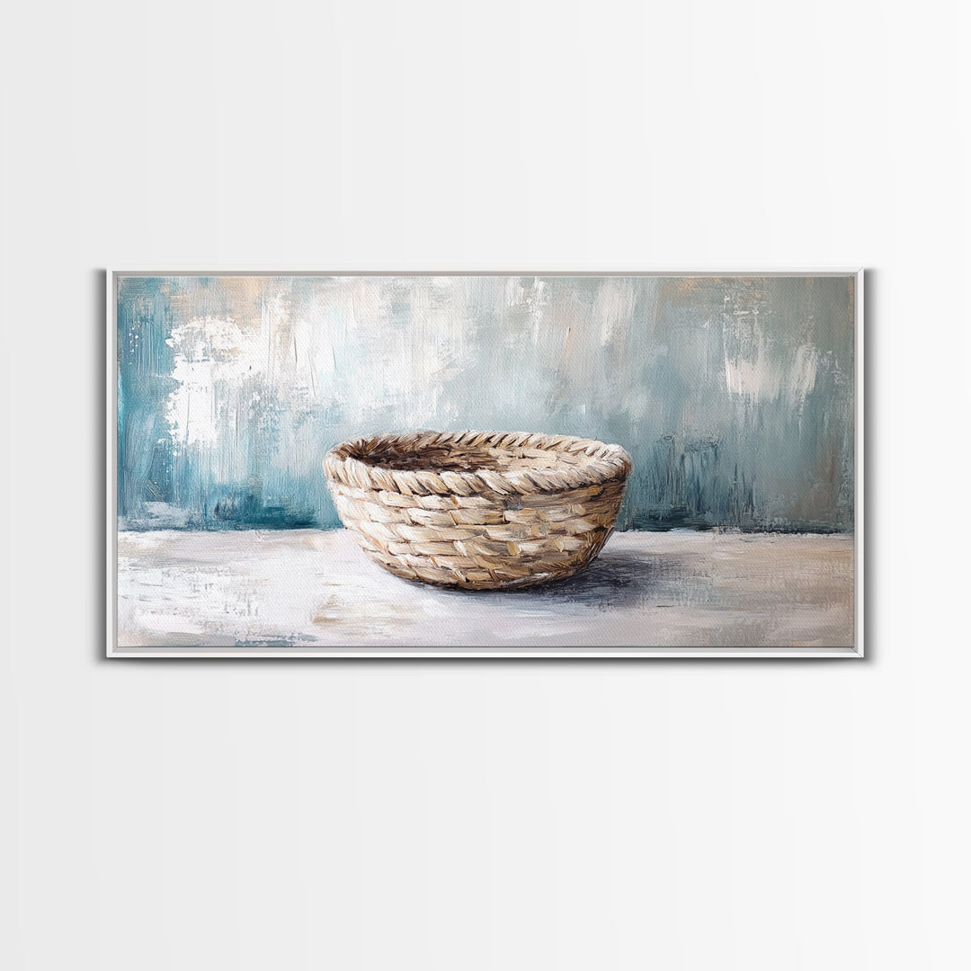 Handwoven Basket Still Life Canvas Print, Rustic Wall Art, Neutral Farmhouse Decor, Wabi Sabi Art, Cozy Kitchen Decor Gift