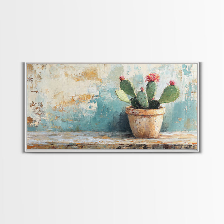 Potted Prickly Pear Cactus With Pink Flowers Canvas Print, Desert Wall Art, Southwest Decor, Botanical Kitchen Decor Gift