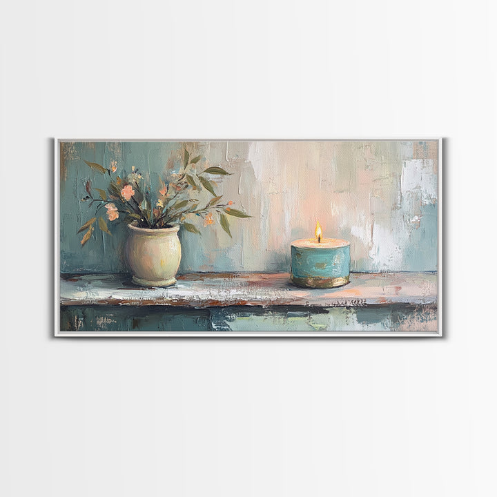 Potted Olive Plant And Candle Canvas Print, Spa Wall Art, Zen Home Decor, Calming Neutral Bathroom Decor Housewarming Gift