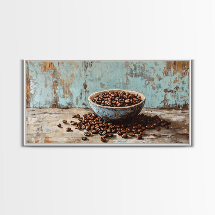 Coffee Beans In Weathered Blue Bowl Wall Art, Coffee Bar Canvas Print, Rustic Kitchen Decor, Cafe Wall Art, Gift For Coffee Lover