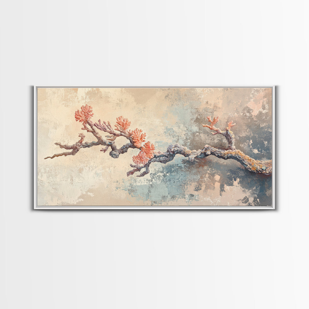 Pink Coral Branch Coastal Wall Art, Textured Ocean Art Print, Beach House Decor, Serene Neutral Canvas Print, Nautical Wall Decor
