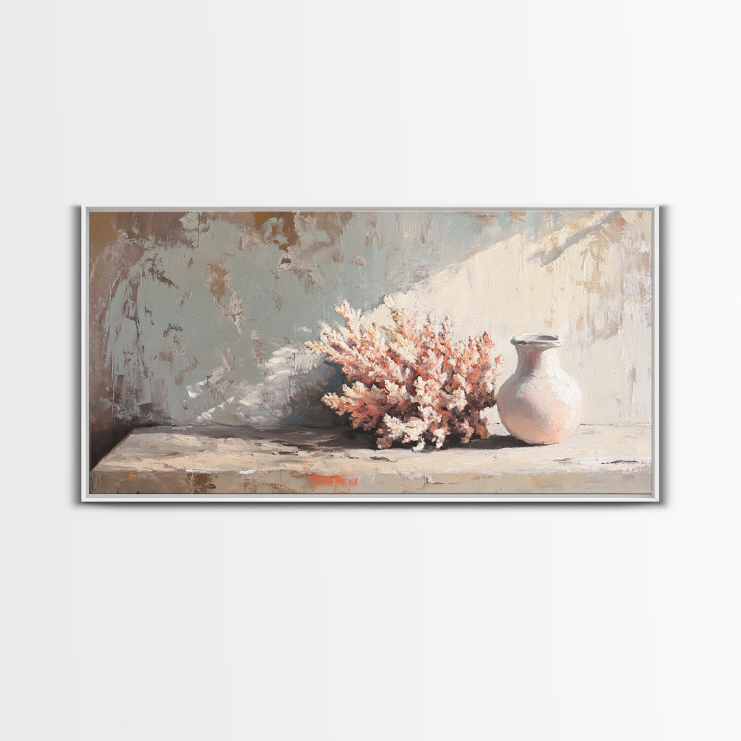 Soft Coral Bouquet And Ceramic Vase Wall Art, Coastal Still Life Print, Neutral Beach House Decor, Modern Home Decor Gift