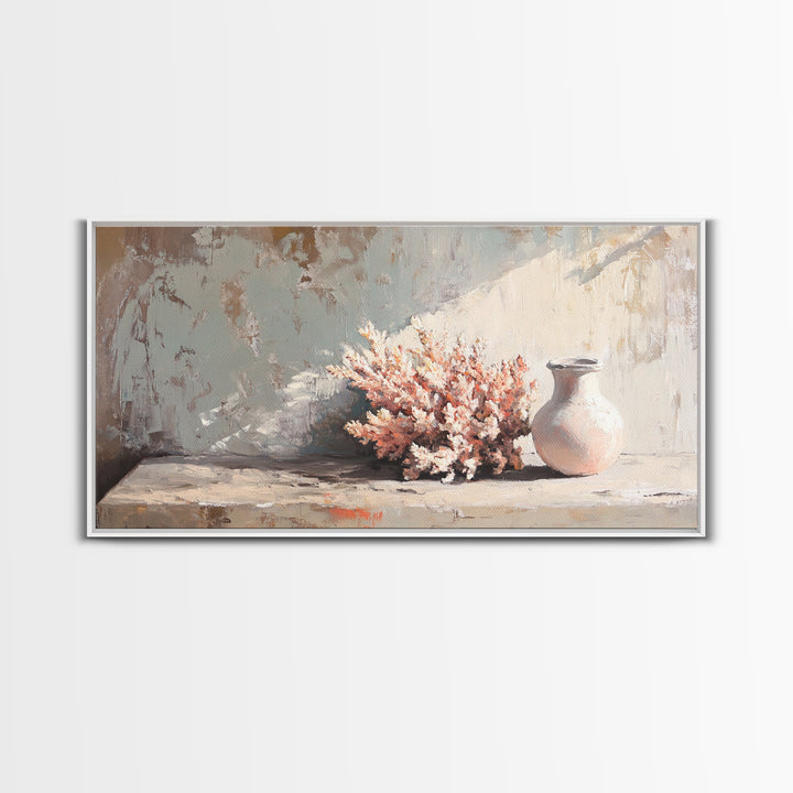 Soft Coral Bouquet And Ceramic Vase Wall Art, Coastal Still Life Print, Neutral Beach House Decor, Modern Home Decor Gift