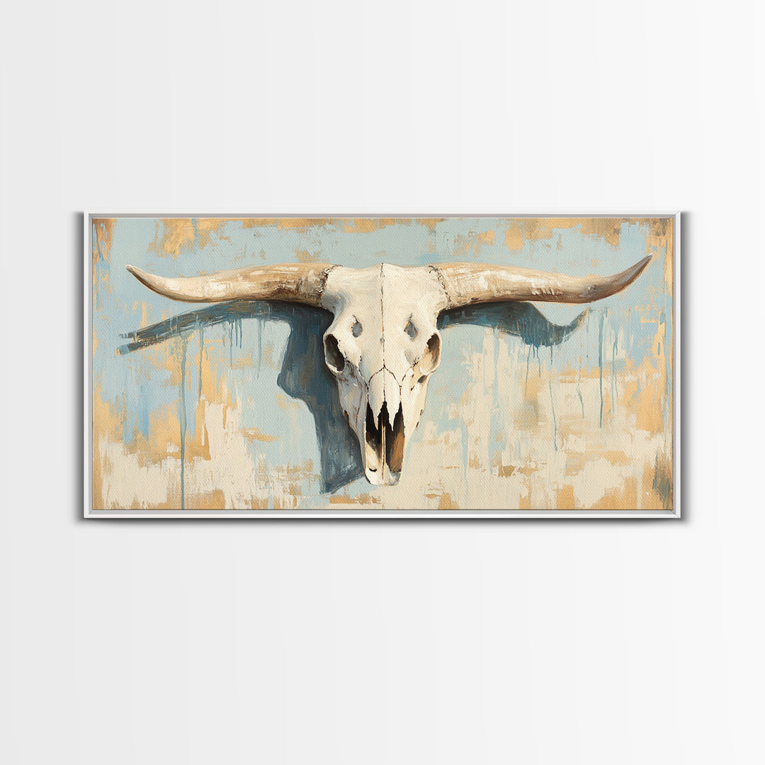 Longhorn Skull On Rustic Blue Plaster Wall Art, Western Ranch Decor, Southwestern Home Decor, Cowboy Canvas Art Print Gift