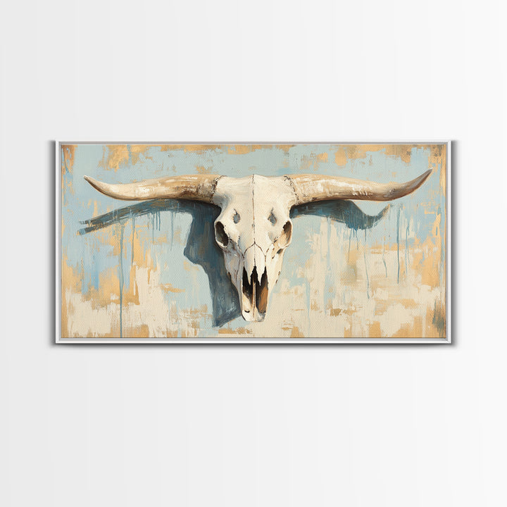 Longhorn Skull On Rustic Blue Plaster Wall Art, Western Ranch Decor, Southwestern Home Decor, Cowboy Canvas Art Print Gift