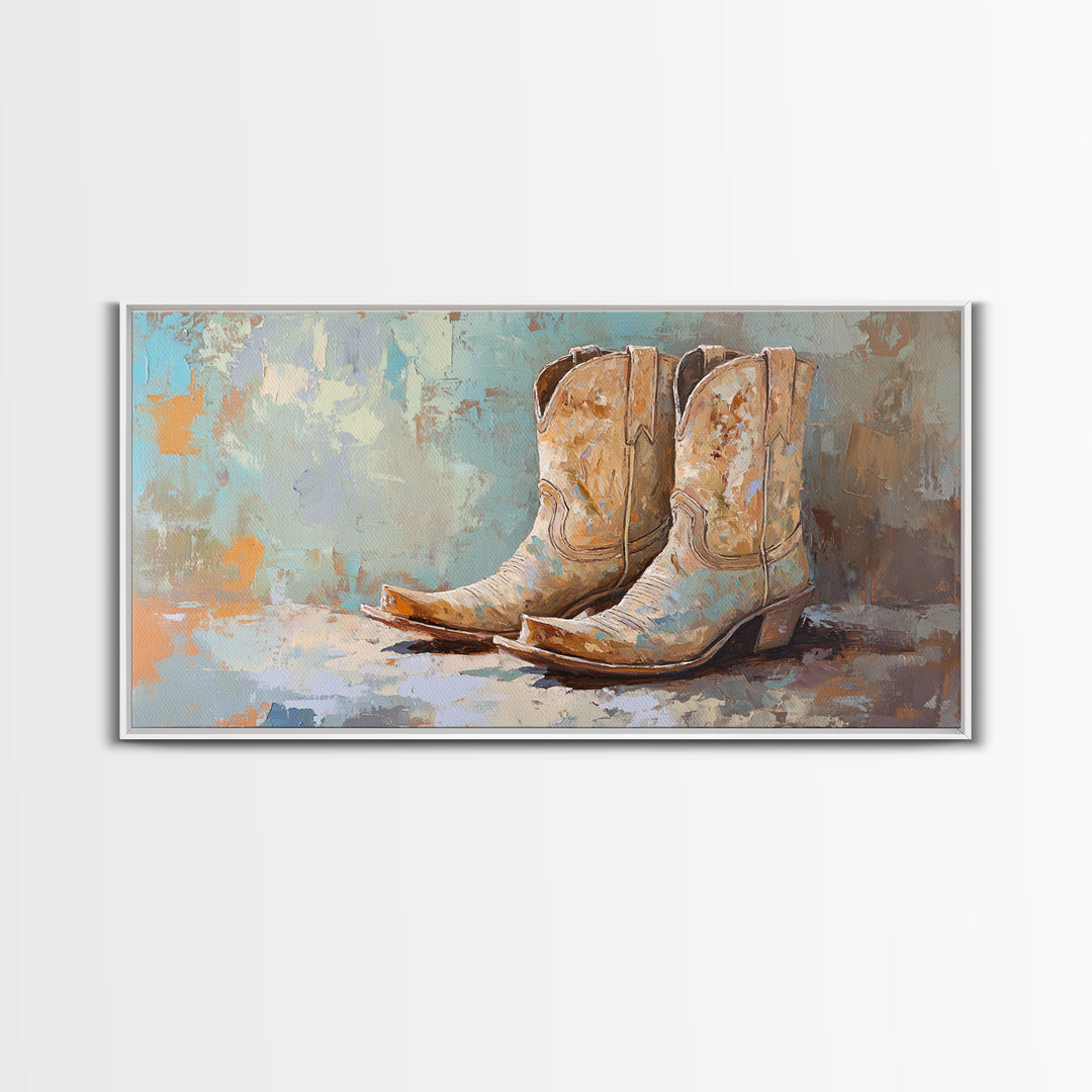 Weathered Cowboy Boots On Textured Blue Canvas Print, Western Wall Decor, Rustic Ranch Home Decor, Cowgirl Gift For Her Art