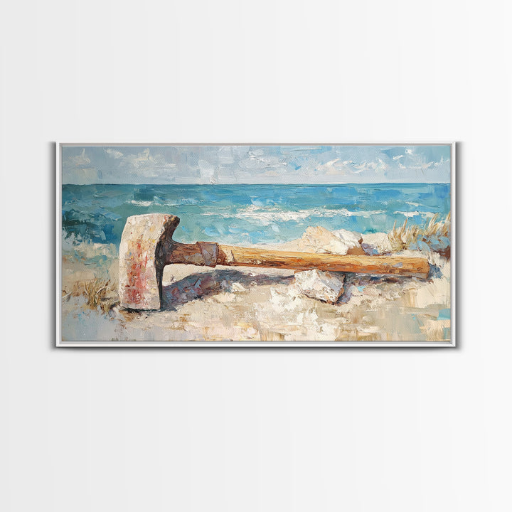 Weathered Axe On Sandy Beach Canvas Print, Coastal Wall Art, Nautical Home Decor, Rustic Seaside Ocean Landscape Gift For Him