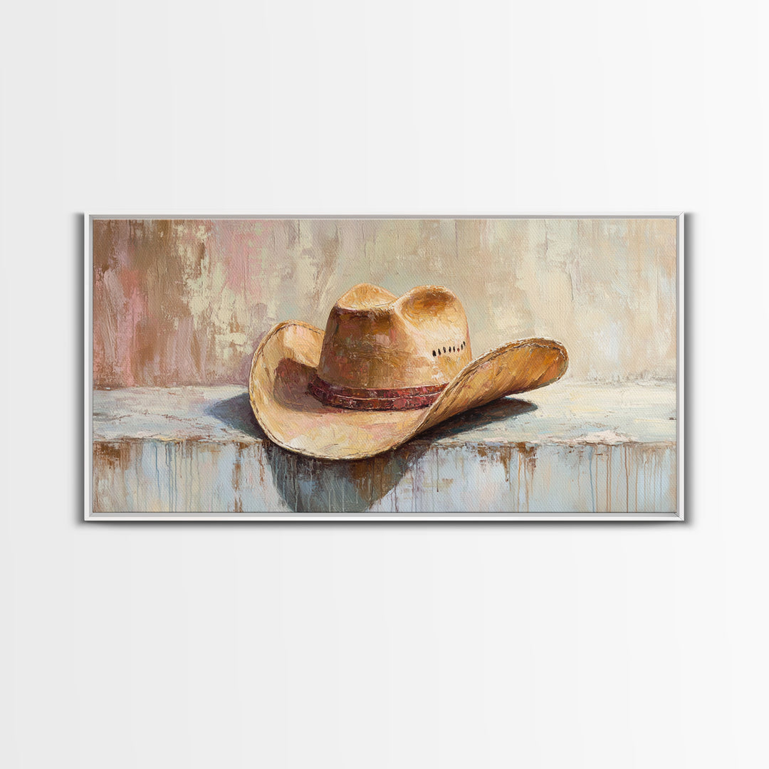 Worn Cowboy Hat On Rustic Shelf Wall Art, Western Home Decor, Cowgirl Wall Decor, Ranch Housewarming Gift, Canvas Print Idea