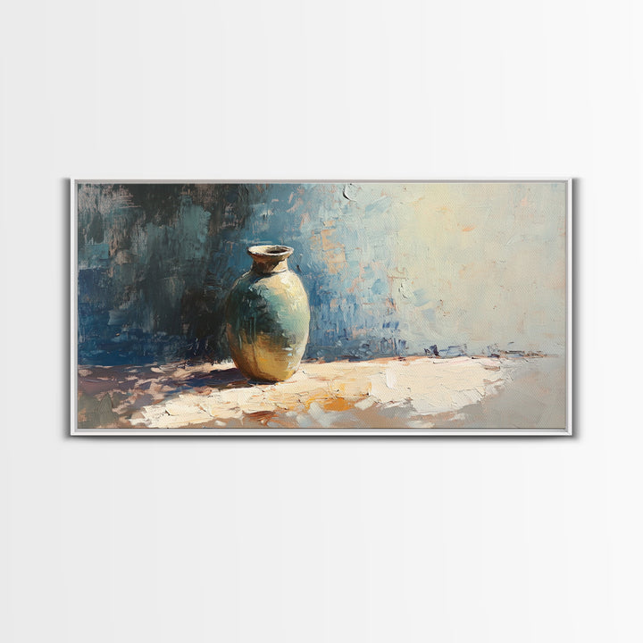Single Ceramic Vase In Sunlit Blue Abstract Wall Art, Minimalist Home Decor, Still Life Painting, Modern Office Decor Gift