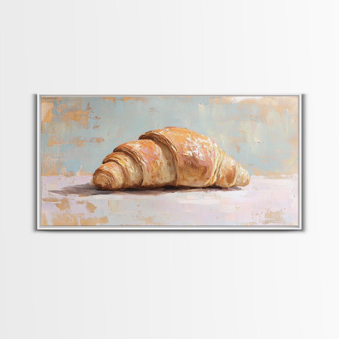 Golden Croissant On Pastel Table Canvas Print, French Bakery Wall Art, Kitchen Decor, Patisserie Print, Foodie Gift For Baker