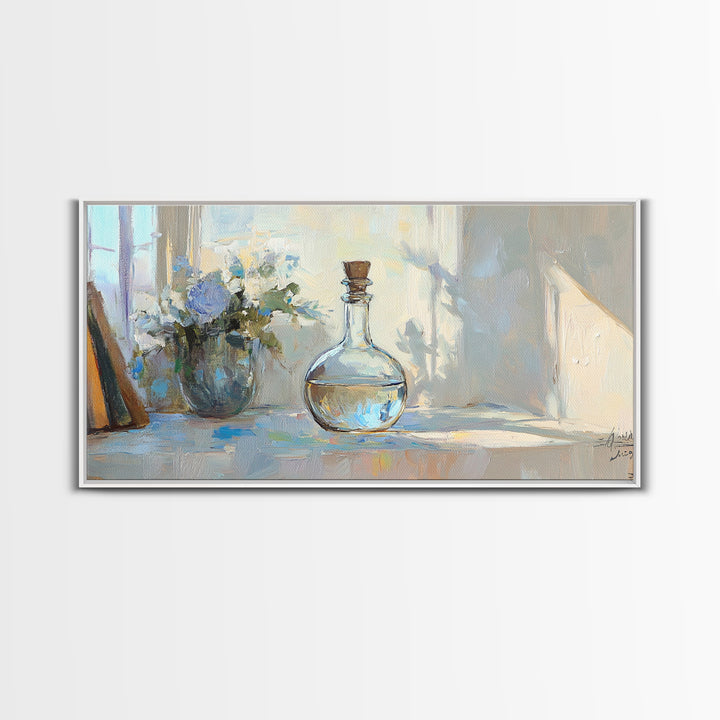 Sunlit Glass Decanter With Blue Flowers Framed Canvas Print, Impressionist Still Life, Neutral Home Decor, Dining Room Wall Art