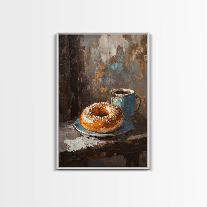 Rustic Coffee And Bagel Still Life Canvas Print, Cozy Kitchen Wall Art, Breakfast Nook Decor, Cafe Art Print Gift For Foodie