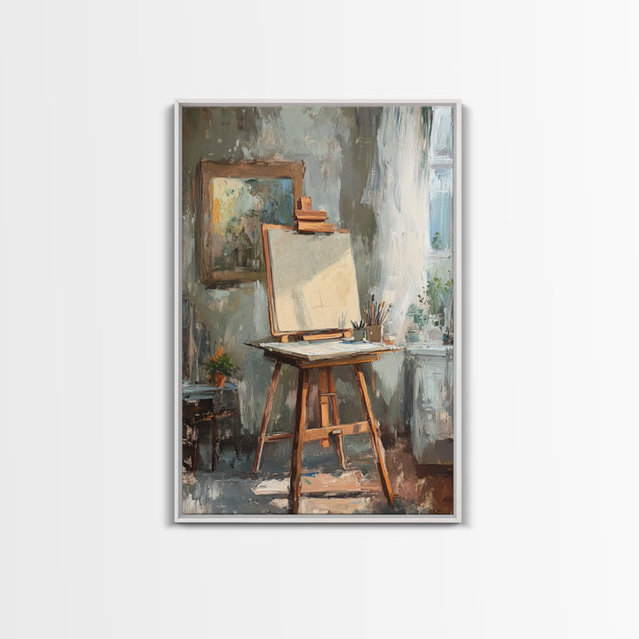 Sunlit Artist Studio Easel Framed Canvas Print, Office Wall Art, Creative Home Decor, Gift For Painter, Modern Wall Decor
