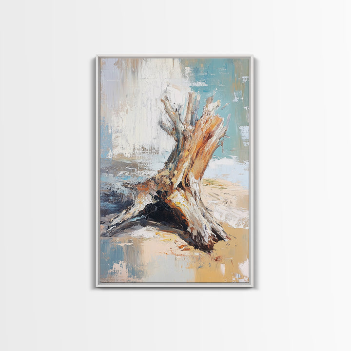 Textured Driftwood Stump On Sandy Shore Wall Art, Coastal Beach House Decor, Neutral Nature Print, Rustic Seaside Painting