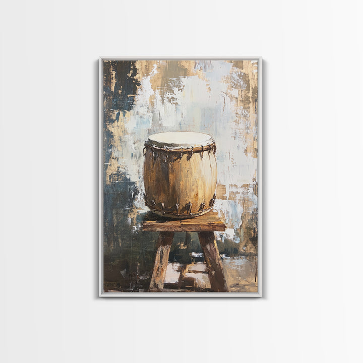 Rustic Hand Drum On Wooden Stool Canvas Print, Music Room Decor, African Inspired Art, Earth Tone Wall Decor, Gift For Him