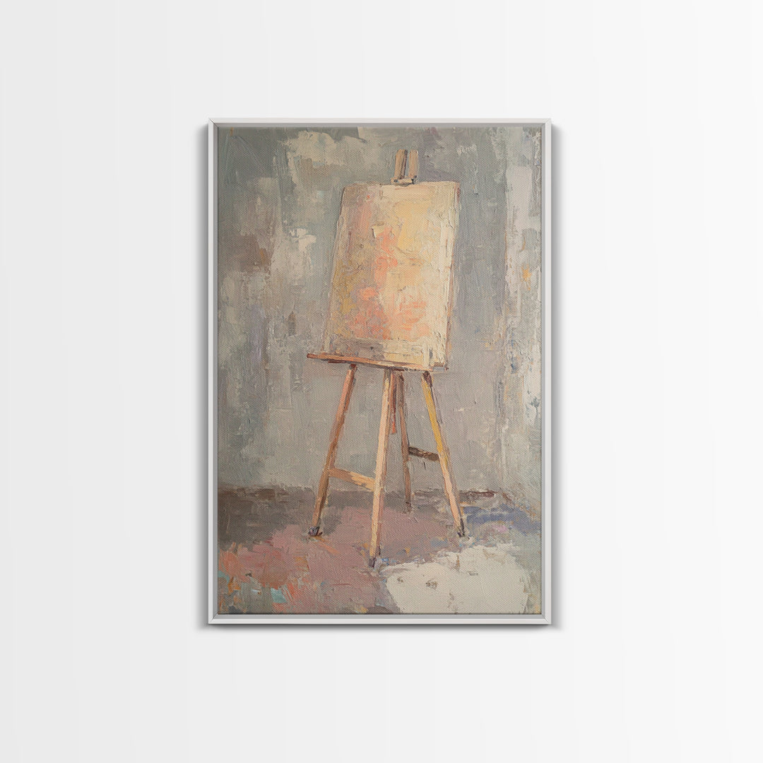 Empty Easel With Textured Blank Canvas Wall Art, Artist Studio Decor, Minimalist Neutral Art Print, Creative Office Gift