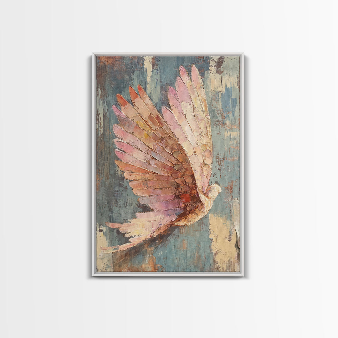 Pastel Dove In Flight With Textured Wings Wall Art, Peaceful Bird Painting, Spiritual Home Decor, Nursery Or Living Room Print
