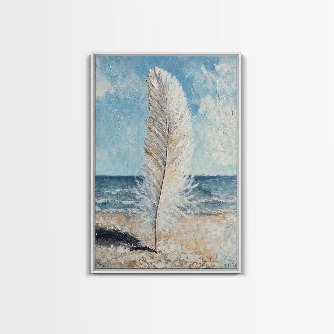 White Feather On Ocean Shore Canvas Print, Coastal Beach Wall Art, Serene Seascape Painting For Calm Bedroom And Beach House Decor