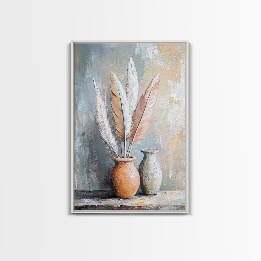 Soft Neutral Feathers In Ceramic Vases Framed Canvas Print, Boho Coastal Wall Art, Japandi Living Room Decor Gift For Bedroom