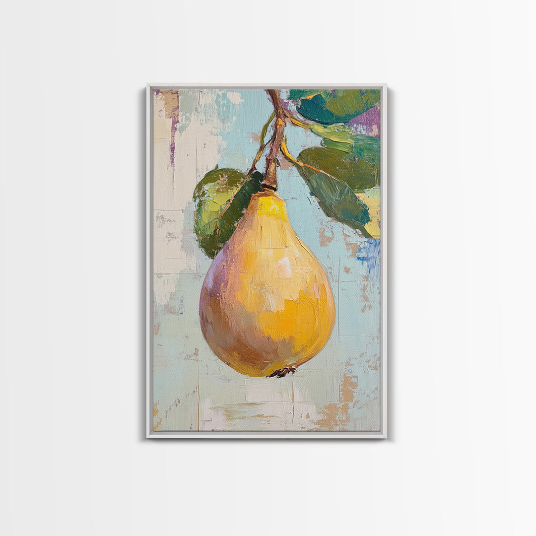 Golden Pear On Branch Canvas Print, Rustic Kitchen Wall Art, French Country Decor, Botanical Fruit Print, Housewarming Gift