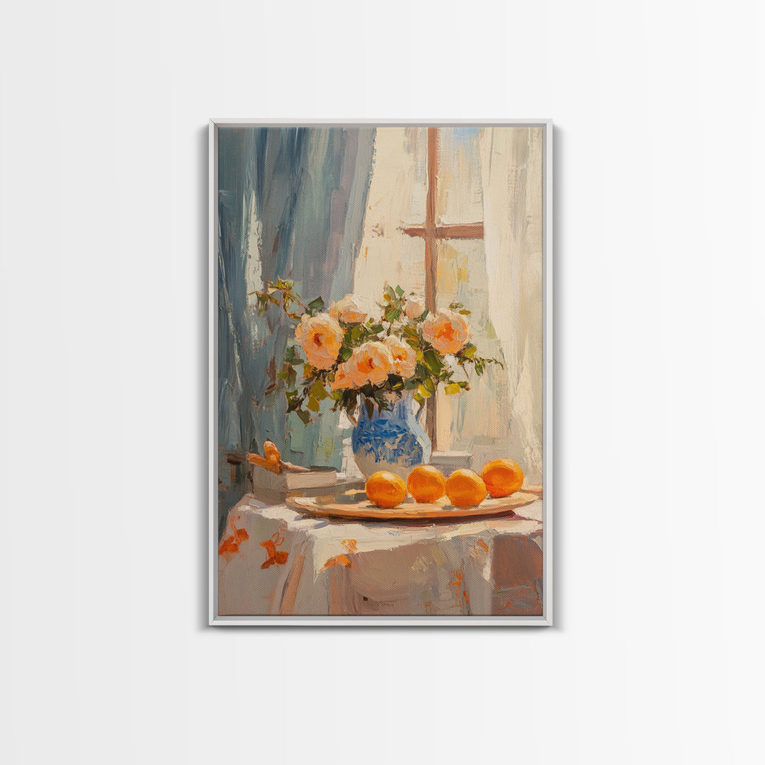 Peach Roses And Oranges By Window Framed Canvas Print, Kitchen Wall Art, French Country Decor, Floral Still Life Gift For Her