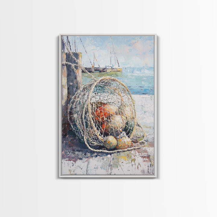 Fishing Net And Buoys By Harbor Wall Art, Coastal Wall Decor, Nautical Canvas Print, Beach House Decor, Ocean Art, Gift For Him
