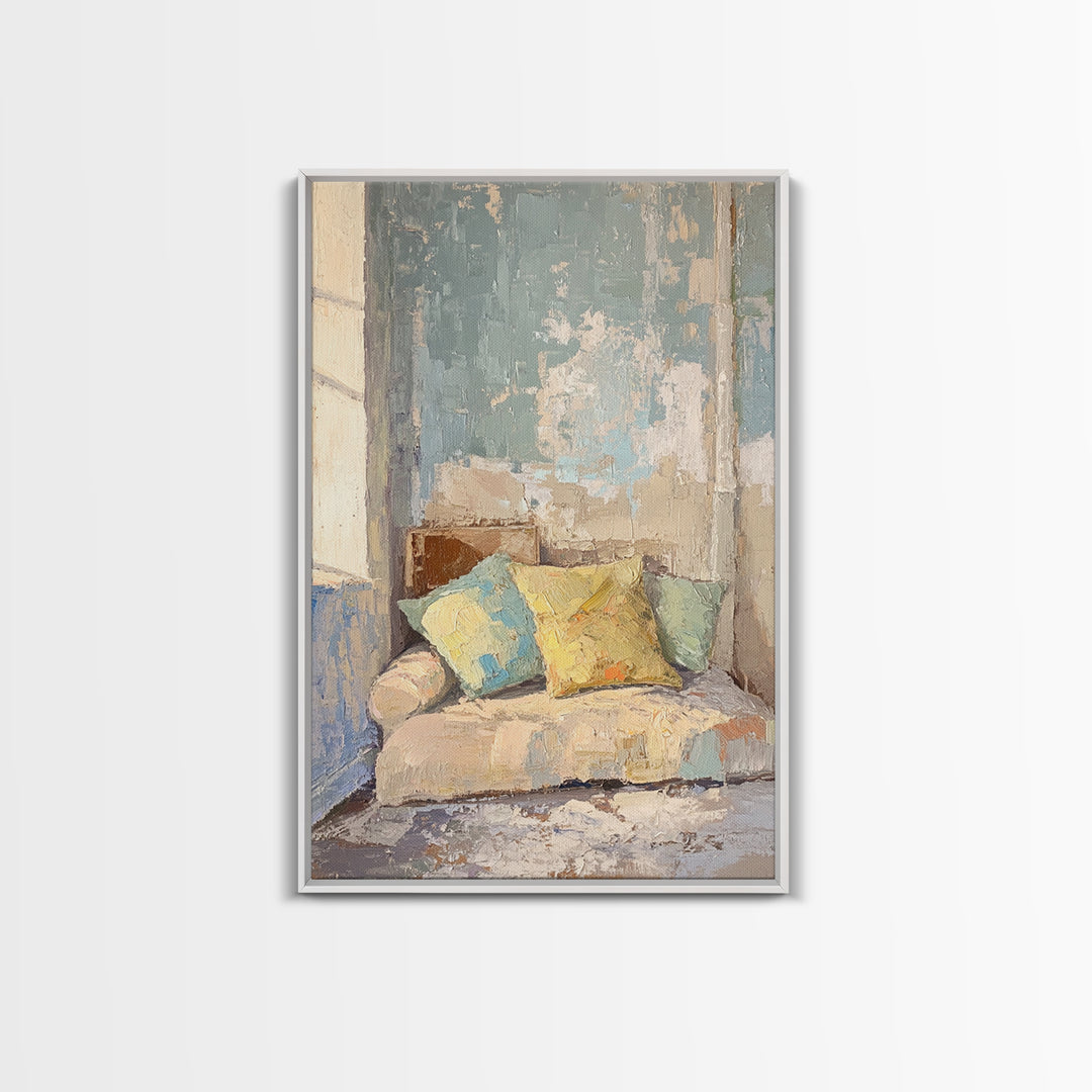 Sunlit Sofa With Pastel Pillows Wall Art, Cozy Bedroom Decor, Neutral Living Room Art, Apartment Decor, Housewarming Gift