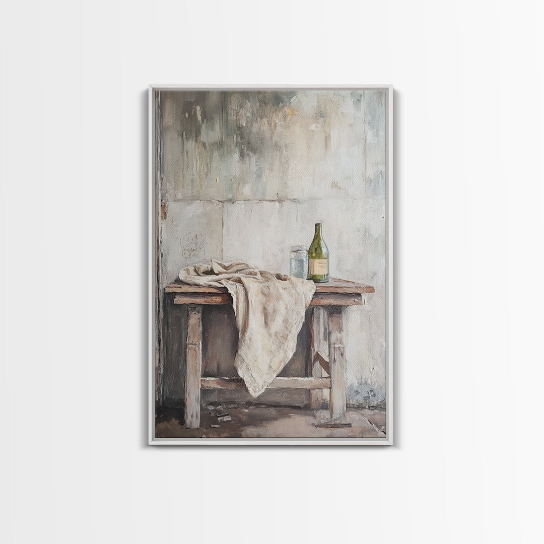Rustic Wine Bottle And Linen On Weathered Table Framed Canvas Print, Neutral Farmhouse Kitchen Wall Decor Gift For New Home