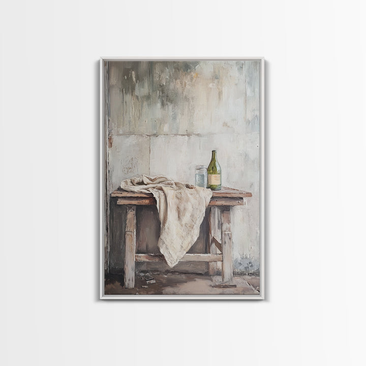 Rustic Wine Bottle And Linen On Weathered Table Framed Canvas Print, Neutral Farmhouse Kitchen Wall Decor Gift For New Home