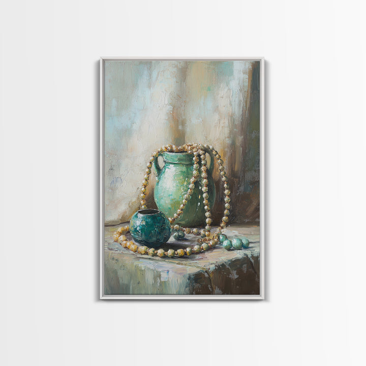 Turquoise Vases With Pearl Beads Still Life Wall Art, Elegant Framed Canvas Print For Bedroom Office Decor Gift For Her