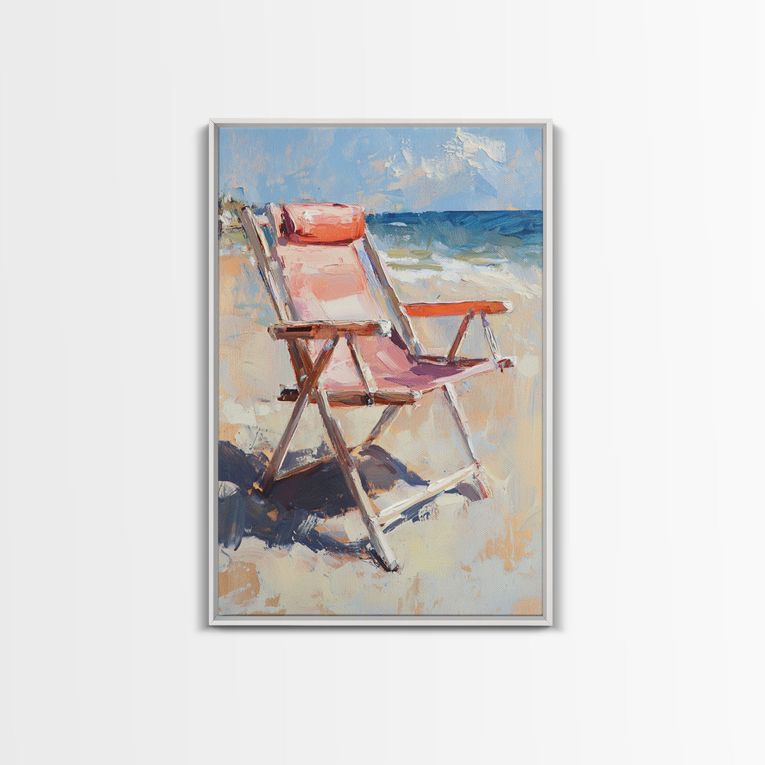 Pink Beach Chair Beside Blue Ocean Canvas Print, Coastal Wall Art For Beach House Decor, Summer Living Room Gift For Her