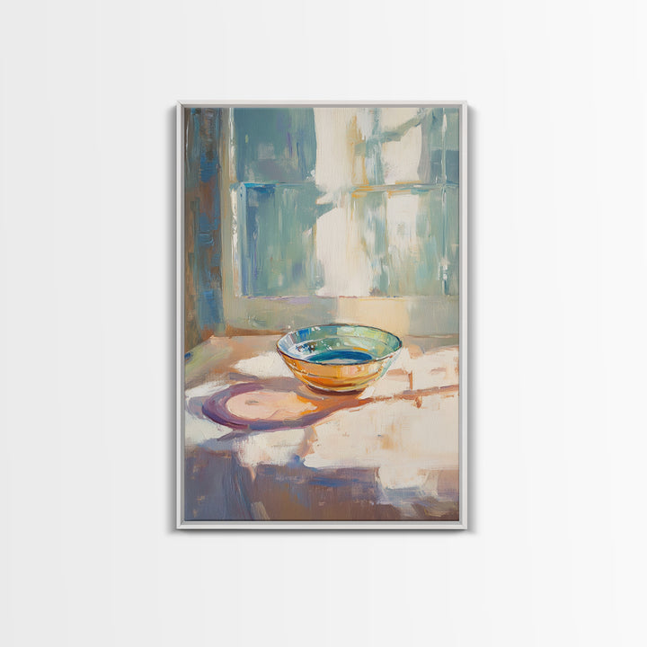 Sunlit Glass Bowl By Window Wall Art, Minimalist Still Life Print, Soft Blue Kitchen Decor, Modern Coastal Home Decor Gift