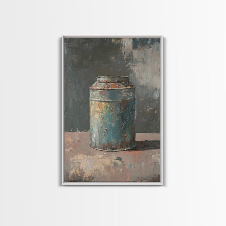 Rustic Blue Tin Can Still Life Canvas Print, Wabi Sabi Wall Art, Industrial Farmhouse Decor, Neutral Kitchen Print Home Decor