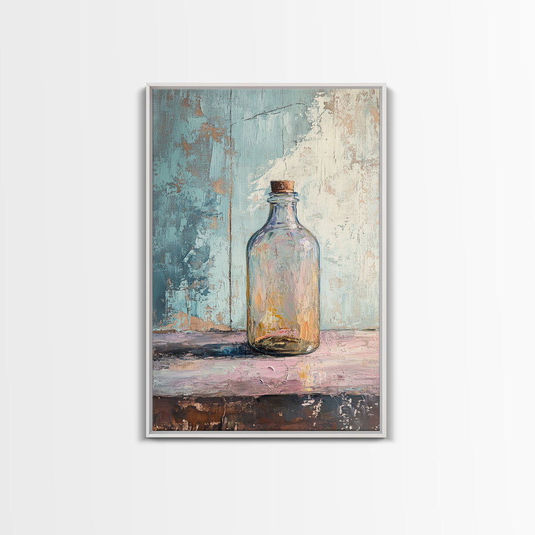 Iridescent Glass Bottle On Blue Plaster Wall Art, Minimalist Still Life Print, Wabi Sabi Kitchen Decor, Modern Home Gift