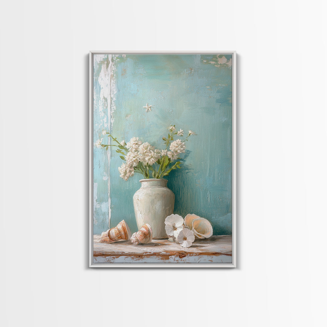 White Hydrangea Vase With Seashells Framed Canvas Print, Coastal Wall Art, Beach House Decor, Soft Neutral Home Decor, Bathroom Wall Decor