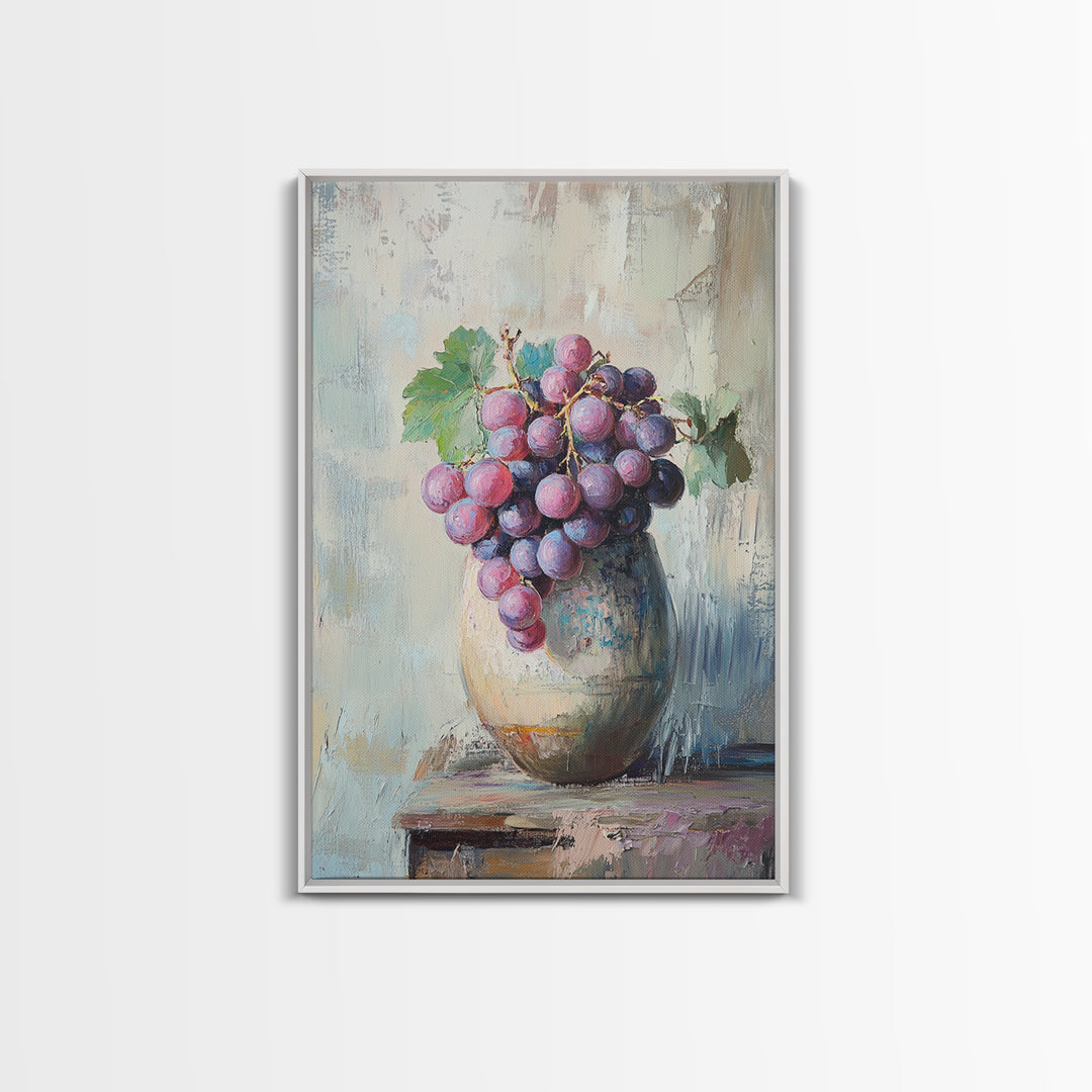 Purple Grapes In Rustic Ceramic Vase Wall Art, Vineyard Still Life Oil Painting, Wine Kitchen Decor, Farmhouse Canvas Print