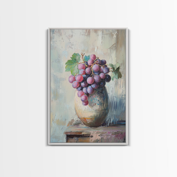 Purple Grapes In Rustic Ceramic Vase Wall Art, Vineyard Still Life Oil Painting, Wine Kitchen Decor, Farmhouse Canvas Print