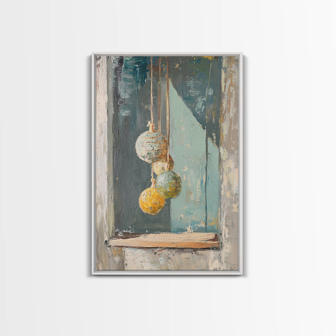 Hanging Textured Ornaments Canvas Print, Rustic Window Still Life, Boho Wall Decor, Neutral Modern Farmhouse Home Decor Art