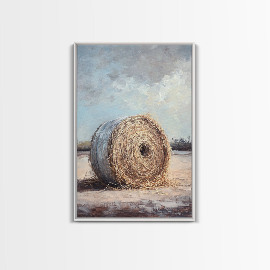 Round Hay Bale Field Wall Art, Rustic Farmhouse Landscape Painting, Country Home Decor, Neutral Large Canvas Print Gift For Her
