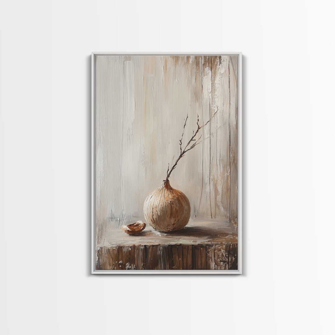 Minimal Onion Still Life Canvas Print, Neutral Kitchen Wall Art, Rustic Farmhouse Decor, Contemporary Vegetable Art Print