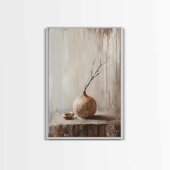Minimal Onion Still Life Canvas Print, Neutral Kitchen Wall Art, Rustic Farmhouse Decor, Contemporary Vegetable Art Print
