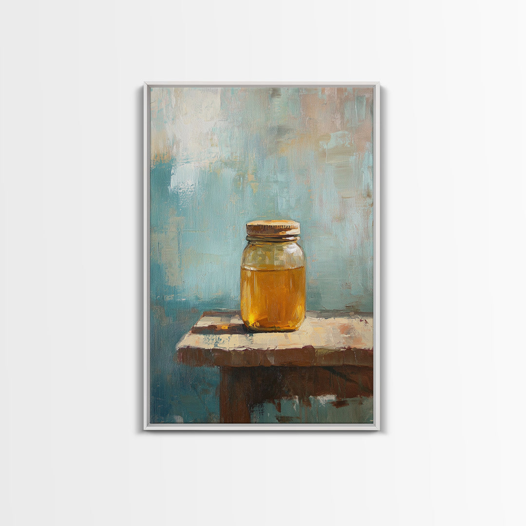 Golden Honey Jar Canvas Print, Rustic Kitchen Wall Art, Farmhouse Still Life Decor, Bee Lover Gift, Modern Home Decor Art