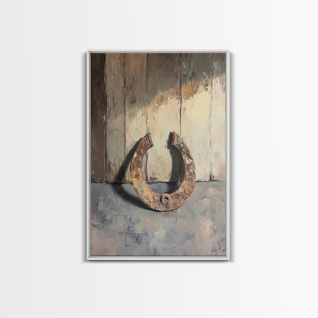 Rusty Horseshoe Still Life Wall Art, Western Farmhouse Decor, Rustic Country Canvas Print, Horse Lover Gift For Him Man Cave Decor