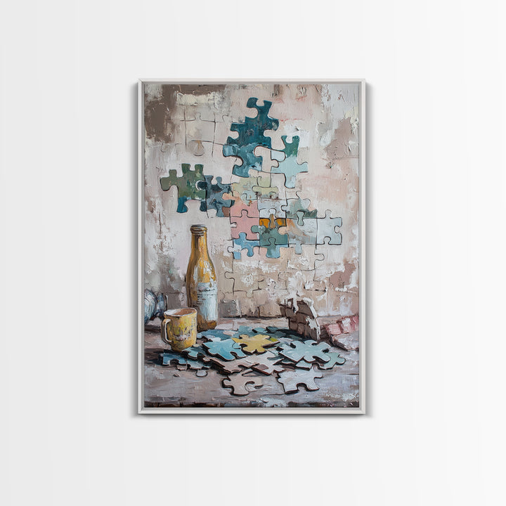Puzzle Pieces And Bottle Still Life Canvas Print, Whimsical Wall Art, Game Room Decor, Eclectic Wall Art, Unique Gift, Living Room Decor