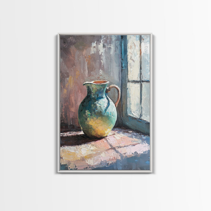 Turquoise Pitcher By Sunlit Window Wall Art, Rustic Kitchen Decor, Still Life Oil Painting, Farmhouse Home Decor Gift For Her