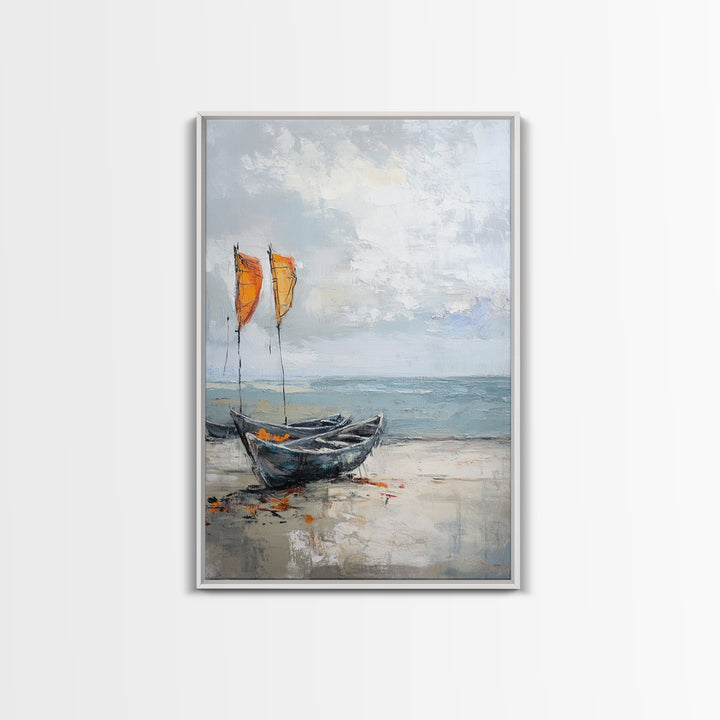 Orange Sailboats On Misty Beach Framed Canvas Print, Coastal Wall Art, Nautical Decor, Ocean Seascape Beach House Gift For Him